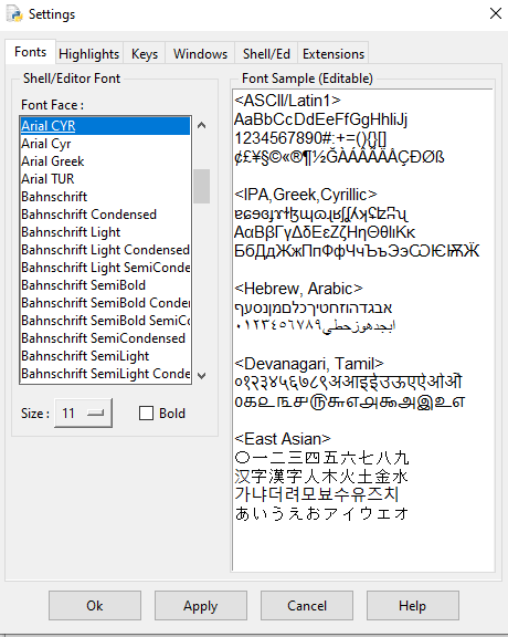 Скриншот настройки шрифта
