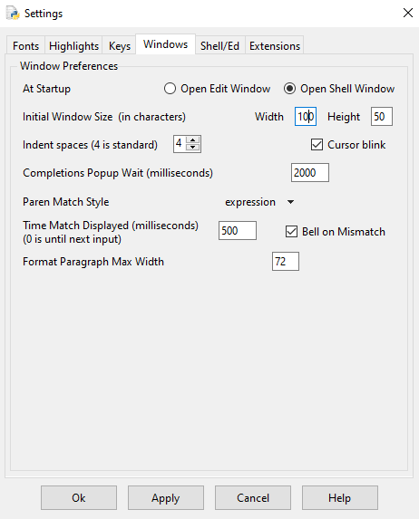 Скриншот настройки окна