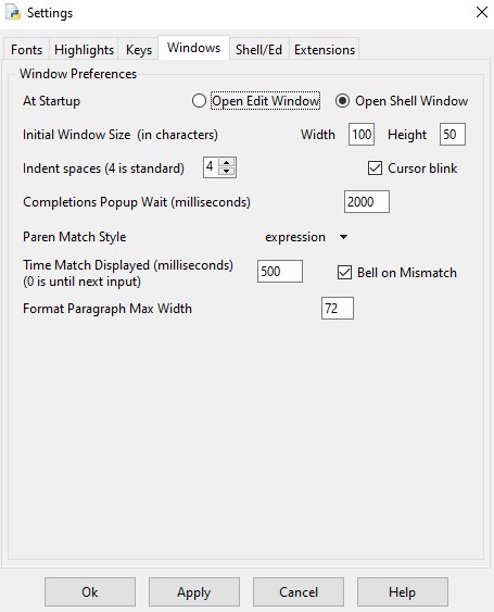 Скриншот окна настройки окна
