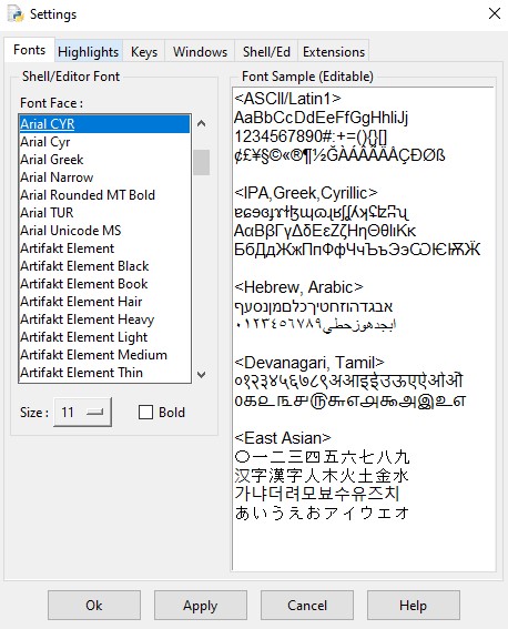 Скриншот окна настройки шрифта