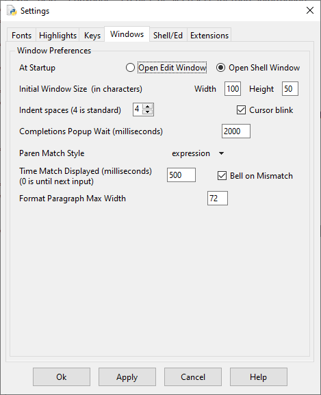 Скриншот настройки начального окна