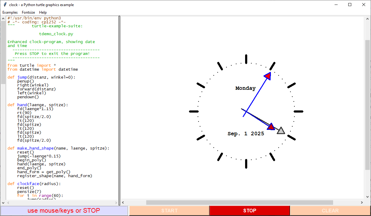Скриншот окна с примером "Часы"