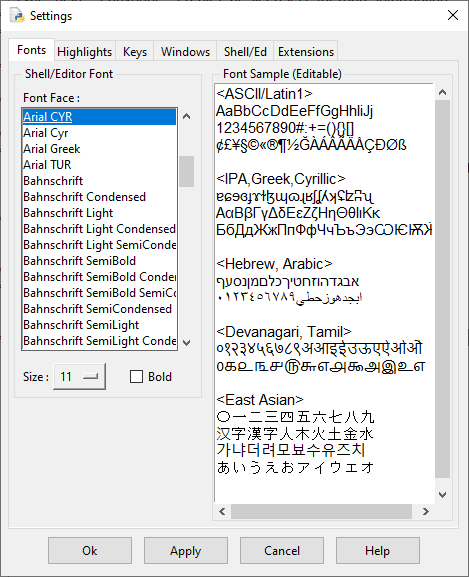 Скриншот настройки шрифта