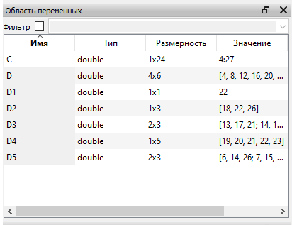 Скриншот области переменных